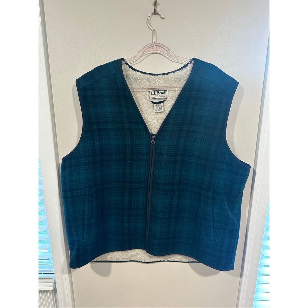 LL Bean Vest Vintage Mens XXL Green Plaid Wool Sherpa Fleece Lined Full Zip Made